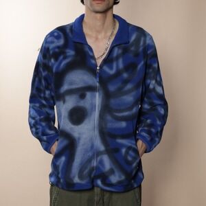 Lands End Airbrushed Snowman Abstract Fleece Jacket S Blue Black Graffiti Zip Up